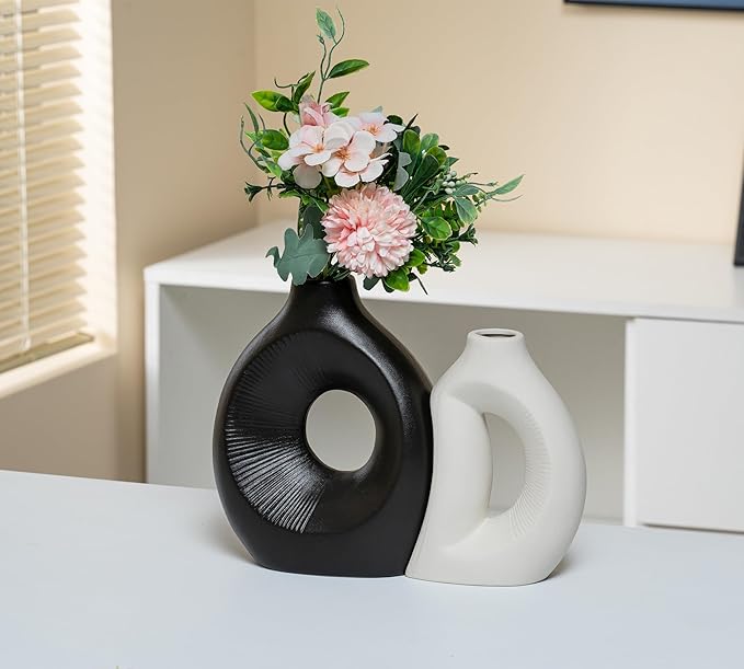Black White Unique Ceramic Vase Set of 2, Modern Combination Vase Hollow Round Matte for Pampas Grass, Dried Fresh Flowers Home Decor Christmas Wedding Party Table Centerpiece