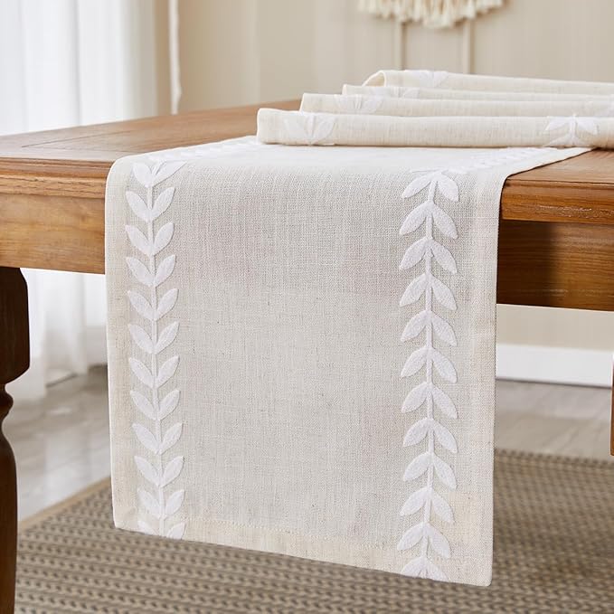 Wracra Embroidered Table Runner Irregular Willow Leaf Table Runners 90 Inches Long for Dresser Home Dining Table Decor,14 x 90 Inch, White