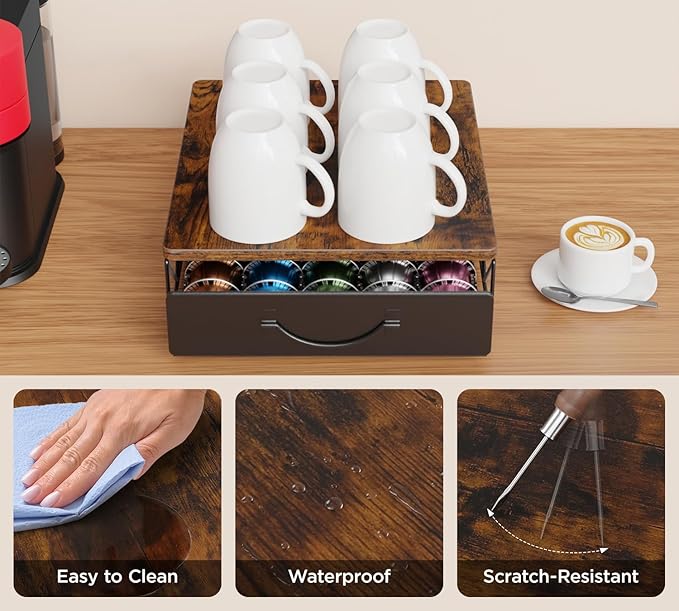 HFHOME Vertuo Pod Holder, Compatible for Nespresso Vertuoline 40 Big or 60 Small Capsules, Wooden Top and Mesh Shelves, Kitchen Counter Coffee Bar Station Organizer with Sliding Drawer, Rustic Brown