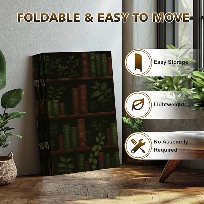 Small 6 Panels Vintage Folding Screen Room Divider Cat Cozy Bookshelf Greenery Vintage Books Boho Divider for Room Separation Portable Privacy Partition Screen Indoor