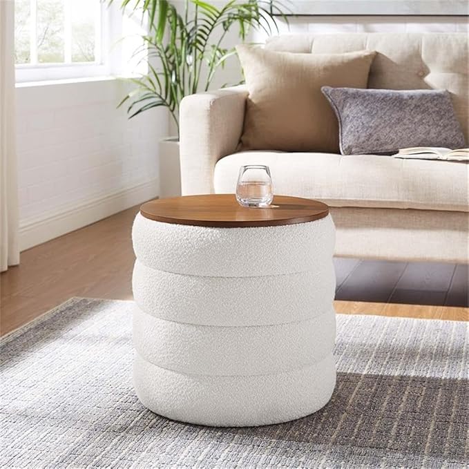 Modway Mezzo Round Boucle Fabric Storage Ottoman Stool in Cloud - Channel Tufted Ottoman - Upholstered Footrest - Versatile End or Side Table with Storage
