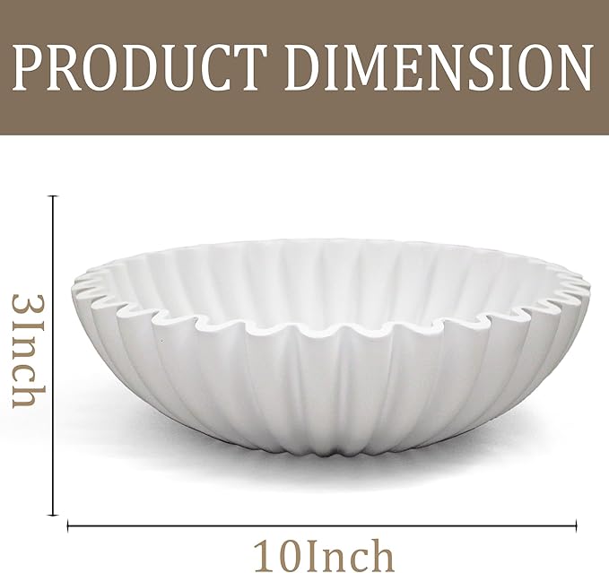 LIN CHUAN Ruffle Decorative Bowl, Large Fruit Bowl for Kitchen Counter, Stylish Key Bowl for Entry Table, Handcrafted Home Decor Display bowl, White