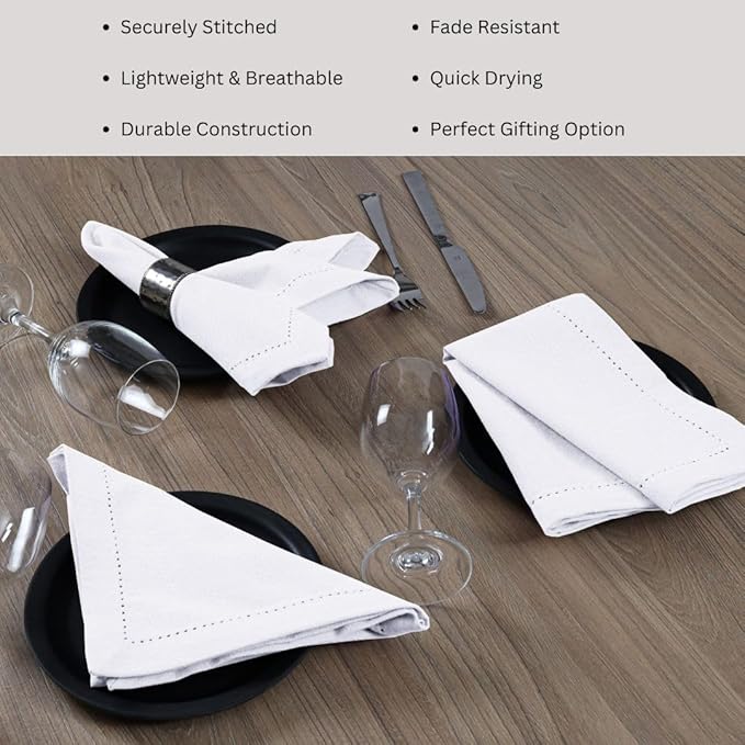 Hemstitch Dinner Napkins 100% Cotton Set of 6 - for Dining Weddings Parties Restaurants Holidays Easter Everyday Use - Soft Durable Washable Table Napkins - 18x18 Inch Cloth Napkins White