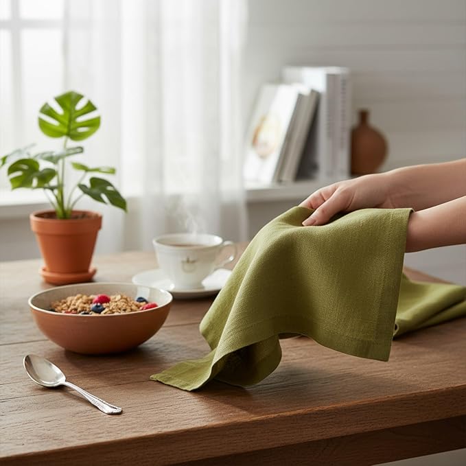 Linen Napkins –100% French Flax – Stonewashed Pure Linen Cloth Napkins - Size 18 Inch x 18 Inch – Set of 4 (Olive Green)