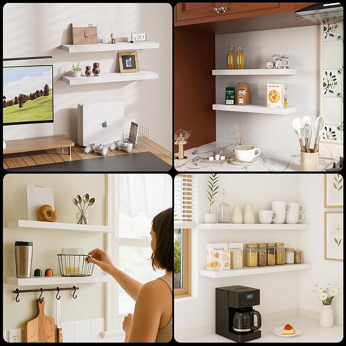 Floating Shelves White, Wall Mounted Wooden Shelves for Bathroom Over Toilet, Bedroom, Living Room, Kitchen & Office, Hanging Shelf for Storage & Decor Display, Set of 2, 24"x7"x1.5"
