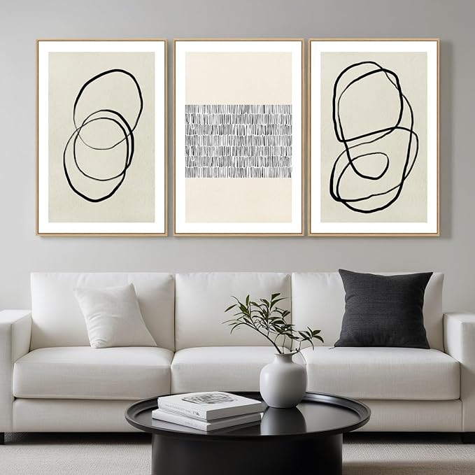 Abstract Boho Wall Art Set - Modern Boho Geometric Framed Canvas Prints, Neutral Mid-Century Graffiti Inspired Decorative Wall Decor for Living Room, Bedroom, Office - 16"x24"x3
