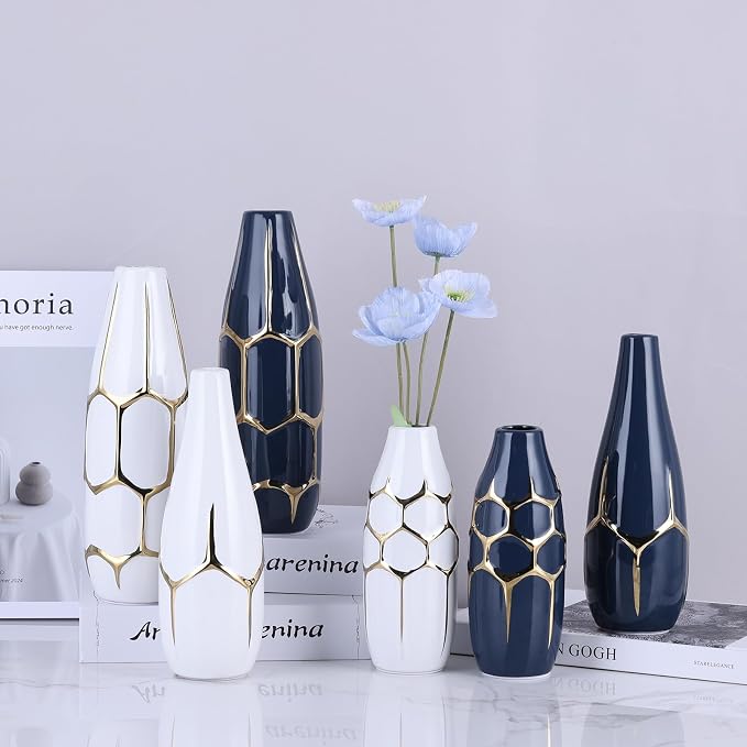 Ceramic Vase Set of 3, Modern Vases for Home Decor, Blue and Gold Color Suitable for Living Room, Kitchen, Bedroom, Bathroom, entryway Mantelpiece, Living Room TV Stand Decoration.