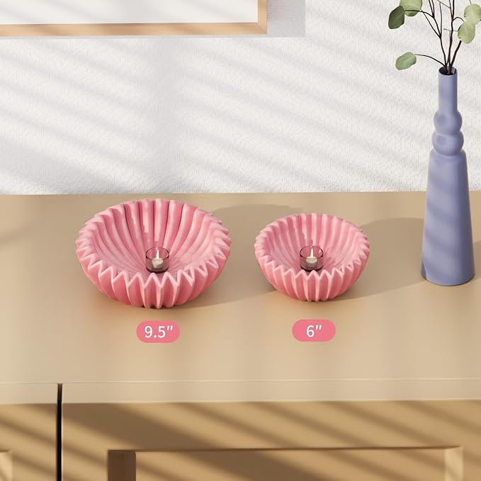 Large Ceramic Fruit Bowl Pink Decorative Bowl for Coffee Table Entryway Kitchen Modern Home Decor Centerpiece 9.5 Inches Ruffle Fluted Scalloped Bowl
