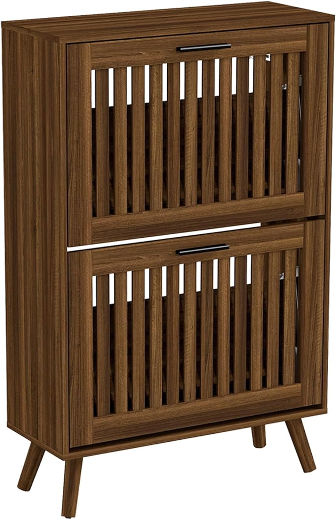 Vibe & Dine Shoe Cabinet with 2 Flip Drawers, Fluted Shoe Storage Cabinet for Entryway Slim, Free Standing Shoe Rack Organizer with Wave Doors for Hallway, Bedroom, Grey