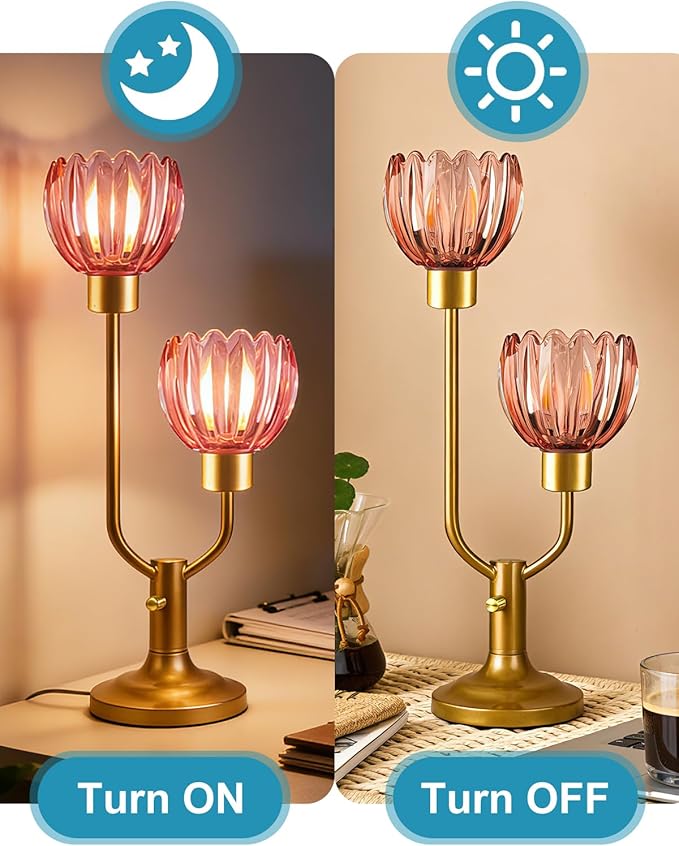 Lightdot Mid Century Modern Glass Table Lamp Gold Dimmable Desk Lamps with Red Glass Flower Shades 3000K Warmwhite 2 Bulbs Included Bedside Nightstand Ambiance Lamp for Living Room Bedroom