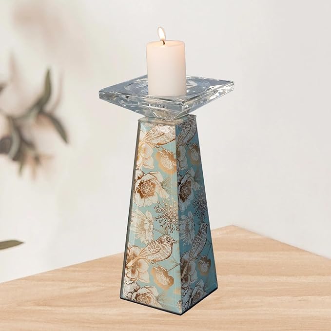Tall Glass Candlestick Holder with Floral Butterfly Pattern,Candle Holder for Pillar and Long Candles, Single Piece Decorative Centerpiece for Dining Room, Living Room, Women’s Day Gift