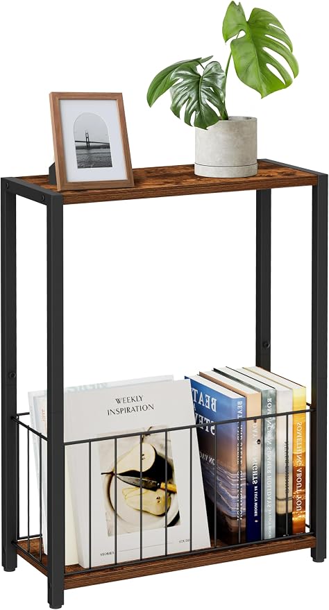 Homleke Narrow Side Table with Magazine Holder, Skinny End Table Perfect for Small Spaces, Space-Saving Design for Living Room, Bedroom, or Office, 7.1" D x 16.9" W x 23.6" H, Rustic Brown