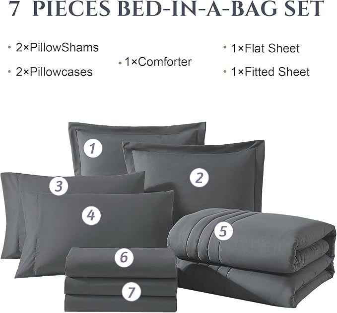 Monbix Full Size Comforter Sets - 7 Pieces Grey Bed in a Bag Full Size Bedding Sets with Comforters, All Seasons Comforter with Sheets, Pillowcases & Shams
