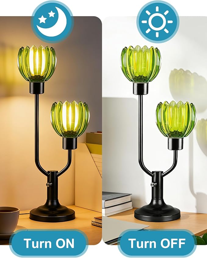 Lightdot Mid Century Modern Glass Green Table Lamp Black Dimmable Desk Lamps with Lotus Glass Shades 2 Bulbs Included 3000K Warmwhite Bedside Nightstand Ambiance Lamp for Living Room Bedroom