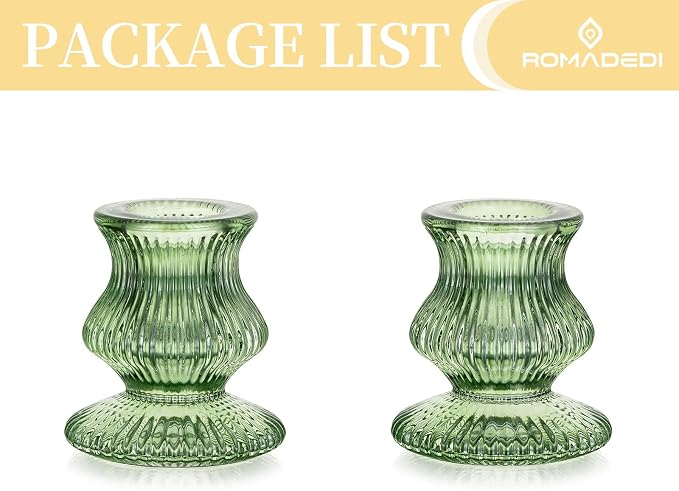Romadedi Glass Candle Holders for Candlestick - 2 Pcs Green Ribbed Tapered Candle Holder Decor for Table Centerpiece Christmas Party Living Room Dinner Advent