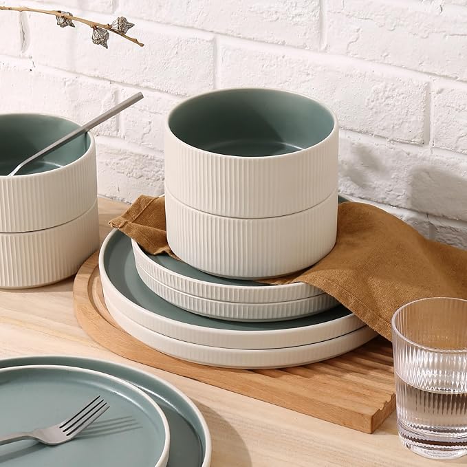 MONITO Ceramic Dinnerware Sets for 6, 18PCS Stoneware Plates and Bowls Sets, Reactive Glaze Dish Set, Chip and Scratch Resistant Double, Microwave and Dishwasher Safe, White Cyan