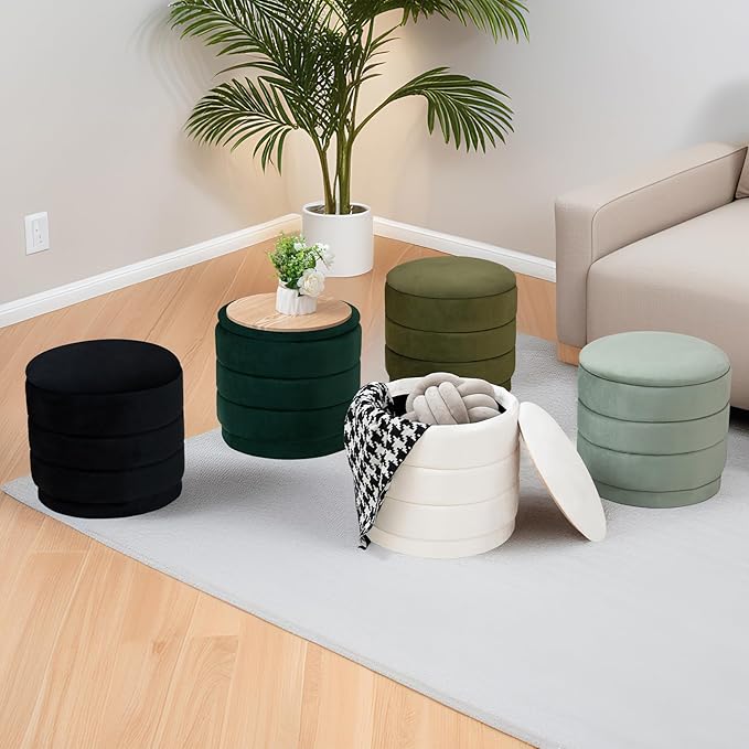 15" Upholstered Round Velvet Ottoman with Storage | Foldable Foot Rest Ottoman with Wooden Tabletop, Decorative Home Furniture for Living Room & Bedroom-Olive