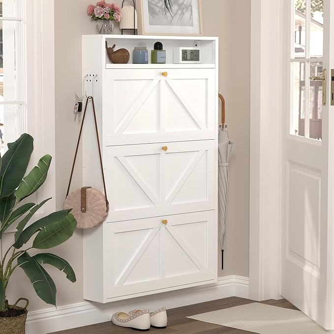 Front Door Shoe Storage, Hanging Shoe Rack with Drawers, 3-Tier Flip-Down Shoe Storage Cabinet for Entryway, Hallway, Narrow Behind the Door Shoe Cabinet, Space-Saving, White