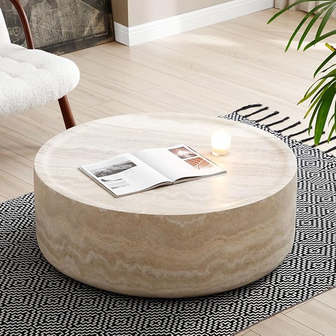 WILLIAMSPACE 39.37'' Round Coffee Table in Faux Marble, Modern Circle Fiberglass Drum Stone Center Table Side Table Tea Table for Living Room, No Need Assembly (Mars Pattern)