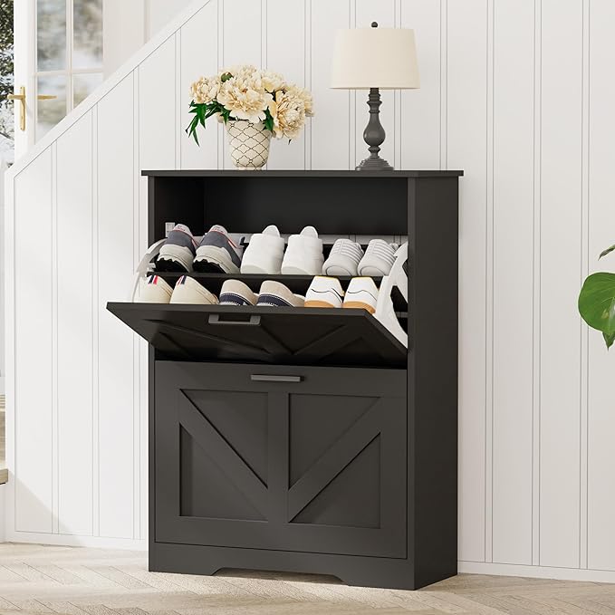 Homleke Farmhouse Shoe Cabinet for Entryway with Barn-Style Flip Drawers, Narrow Shoe Storage Organizer with Top Display Shelf, Adjustable Shelves, Shoe Rack for Hallway, Closet- (Black, 24")