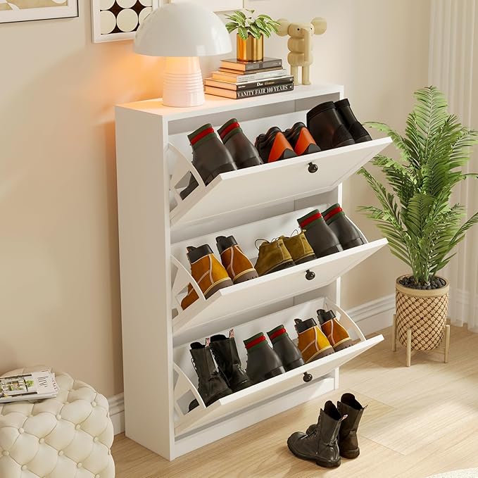 VOWNER Shoe Storage Cabinet with 3 Flip Drawers, Freestanding Shoe Cabinet with Adjustable Shelf & Anti-Tipping Device, Slim Shoe Rack for Entryway, Hallway, Living Room, White (White)