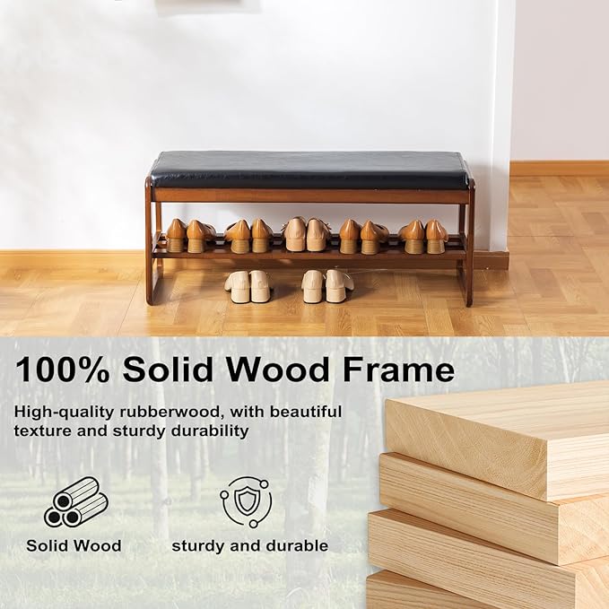 Solid Wood Shoe Bench, 2-Tier Wooden Entryway Bench, Modern Shoe Rack with Faux Leather Cushion for Hallway, Living Room (Black, 39.4'')