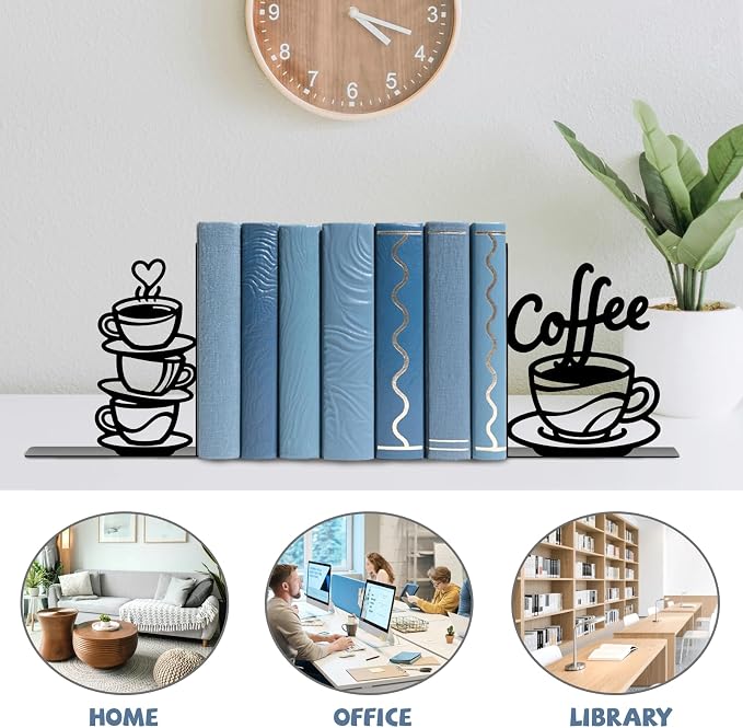 Metal Bookends Coffee Bookends Decorative Cute Book Ends for Shelves Bookshelf Home Office Desk Reading Decor Bookshelf Decor for Book Lovers Gift