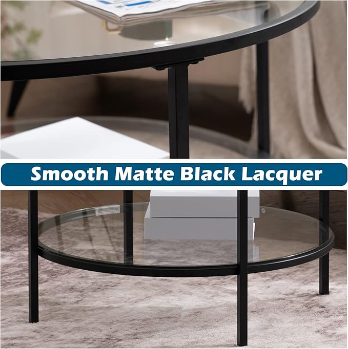 VINGLI 25.6" Round Black Coffee Tables for Living Room, 2-Tier Glass Top Coffee Table with Storage Clear Coffee, Simple & Modern Center Table for Small Space