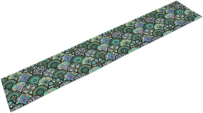 YCness Bohemian Mandala Flower Table Runner Boho Abstract Flowers Art Printed Green Table Runner Home Kitchen Dining Party Holiday Table, 13x36 Inch