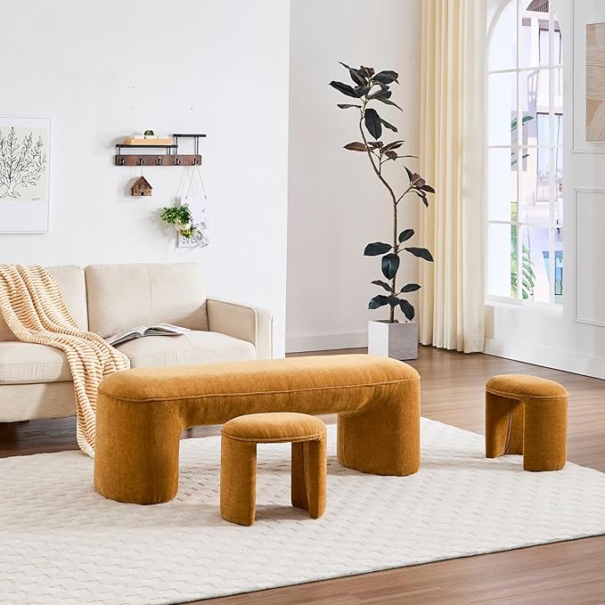 Hyfirm 3-Piece Nesting Upholstered Bench with 2 Stools, 53" Chenille Accent Waterfall Bench Modern End of Bed Entryway Bench Bedroom Bench for Living Room Vanity, Burnt Orange, No Need to Install