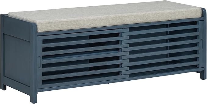 Ball & Cast Entryway Storage Bench with Shutter Doors, 43.3" Wooden Shoes Organizer, Modern Movable Upholstered Seat Entryway Shoe Rack Cabinet for Hallway Living Room, Navy Blue