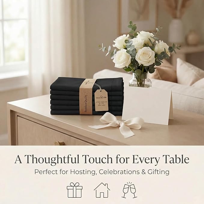 Urban Villa Cloth Napkins 100% Cotton Highly Absorbent Washable Reusable Premium Dinner Napkins Ideal for Gifts for Mothers Day Hotel Farmhouse Parties - Black - Hemstitch (20" x 20", Set of 12)