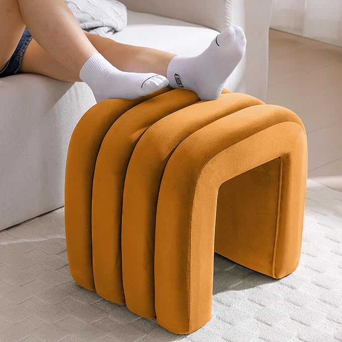 ONEVOG Velvet Pouf Ottoman, Small Ottoman Foot Rest for Couch, 18 Inch Cute Vanity Chairs for Makeup, Living Room Decorative, Sturdy Frame, Upholstered Modern Footrest for Bedroom, Dorm, Cognac, 2Pcs