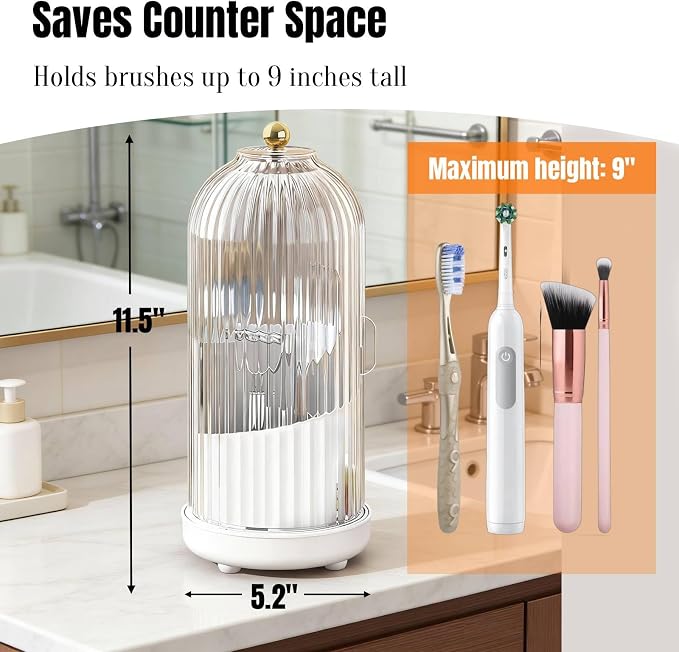 JEESA Dustproof Toothbrush Holder Organizer with Drainage, White | Sliding Door Cover, 360 Rotating, 3 Slots, Bathroom Countertop