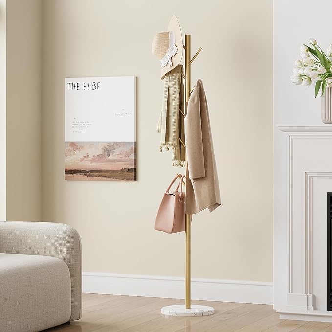 ELYKEN Coat Rack Freestanding with Natural Marble Base, Metal Coat Rack Stand with 10 Hooks, 3 Adjustable Size Coat Tree for Bags, Clothes, and Hats for Entryway, Bedroom, Hallway, Office, Gold