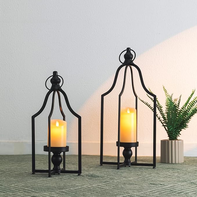 Glitzhome Set of 2 Modern Farmhouse Black Metal Lanterns Decorative Hanging Candle Lanterns for Indoor Outdoor Small&Large (No Glass)