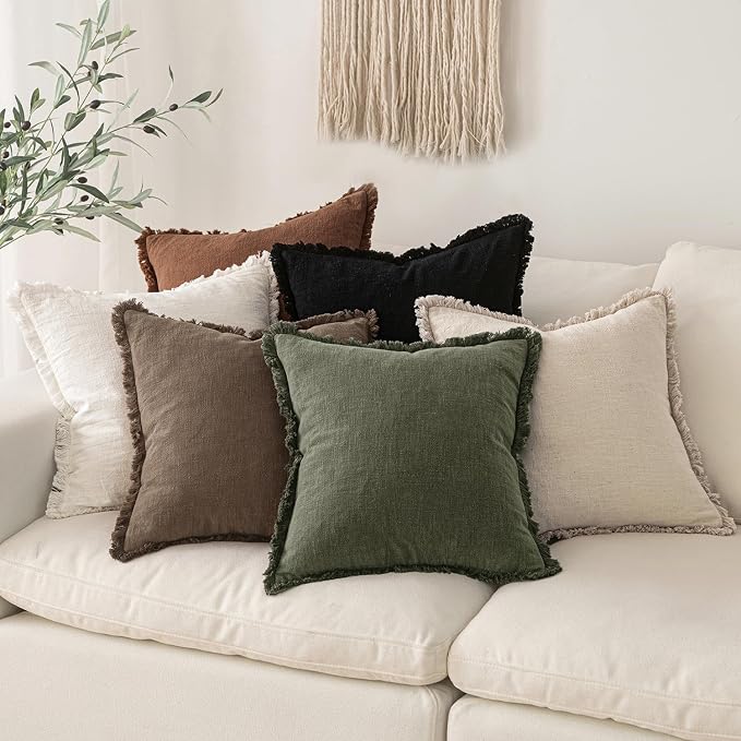 MIULEE Decorative Throw Pillow Covers Neutral Linen Fringe Throw Pillows Euro Shams Set of 2 Cocoa Brown Boho Farmhouse Cushion Covers for Couch Sofa Bed Living Room Spring Home Decor 28x28 Inch