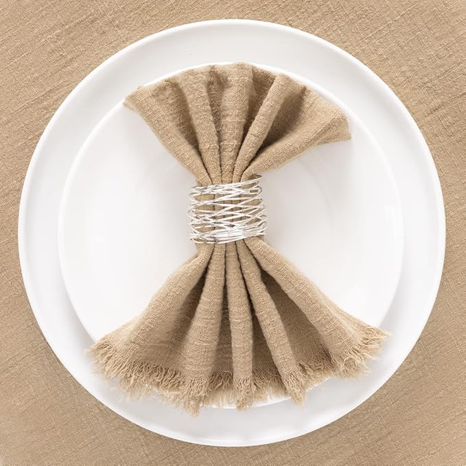 Socomi Set of 6 Linen Napkins Caramel Easter Spring Cloth Napkins Washable Cotton Dinner Napkins Fringe 17"x17" for Wedding Party Bridal Baby Shower Birthday Table Decorations