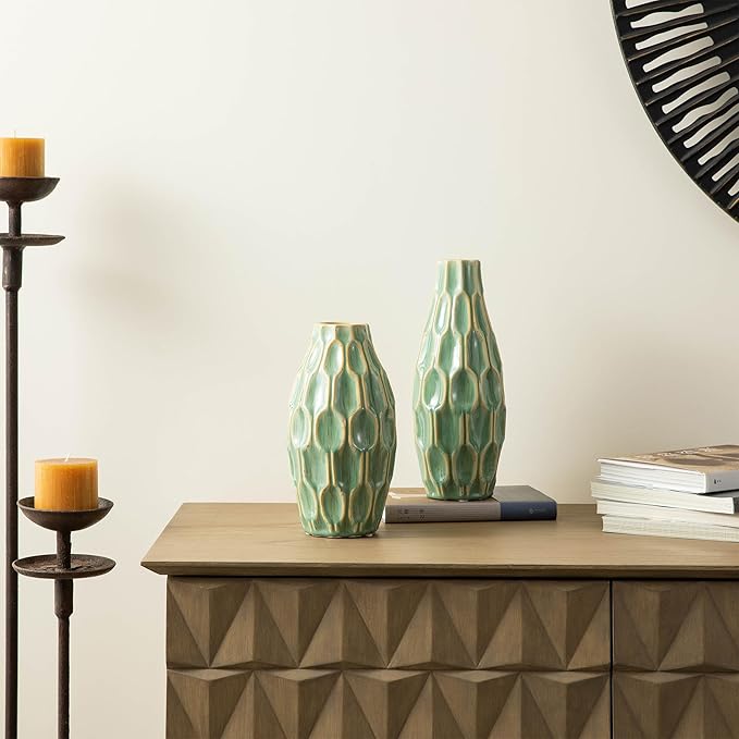 Glitzhome Turquoise Ceramic Vase Set, Modern Green Vases for Home Decor, Farmhouse Table Vase for Centerpieces, Living Room, Mantel Centerpiece Shelf Decoration, Set of 2