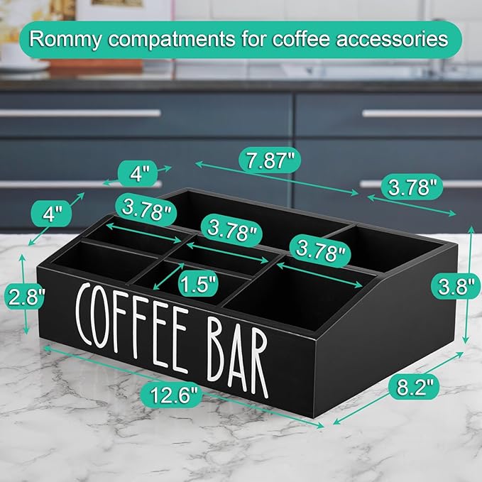ALELION Coffee Station Organizer for Countertop - 7 Compartments Coffee Bar Accessories and Organizer with Removable Dividers - Black Coffee and Tea Condiment Organizer