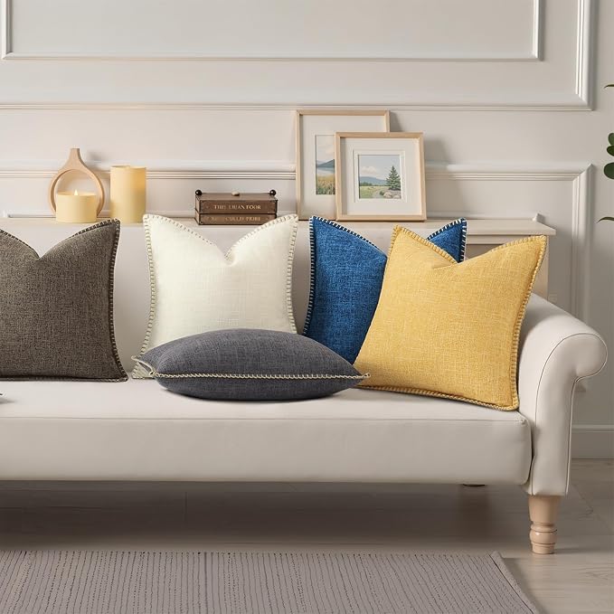 decorUhome Patriotic Summer Decorative Throw Pillow Covers 22x22 Set of 2 Square Faux Linen Outdoor Neutral Farmhouse Euro Sham Coastal Pillow Covers with Stitched Edge for Couch Sofa, Dark Blue