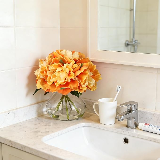 Orange Peony Bouquet in Glass Vase - 6 Piece Artificial Flower Arrangement with Faux Water for Wedding & Home Centerpieces