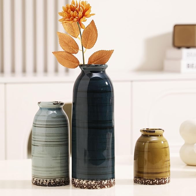 Joeabor Ceramic Vase Set of 3 - Handcrafted Ceramic Vases for Home Decor & Shelf - Modern Farmhouse Decor for Kitchen, Office, Bedroom & Living Room Decorative Objects for Mantel, Table Centerpieces