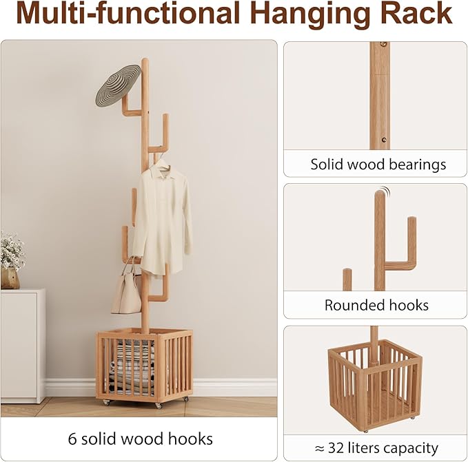 Solid Wood Cactus Coat Rack, Freestanding Coat Rack with 6 L-Shaped Hooks and Storage Basket, for Coats, Hats, Handbags, Coat Tree for Entryway, Bedroom, Living Room, Natural