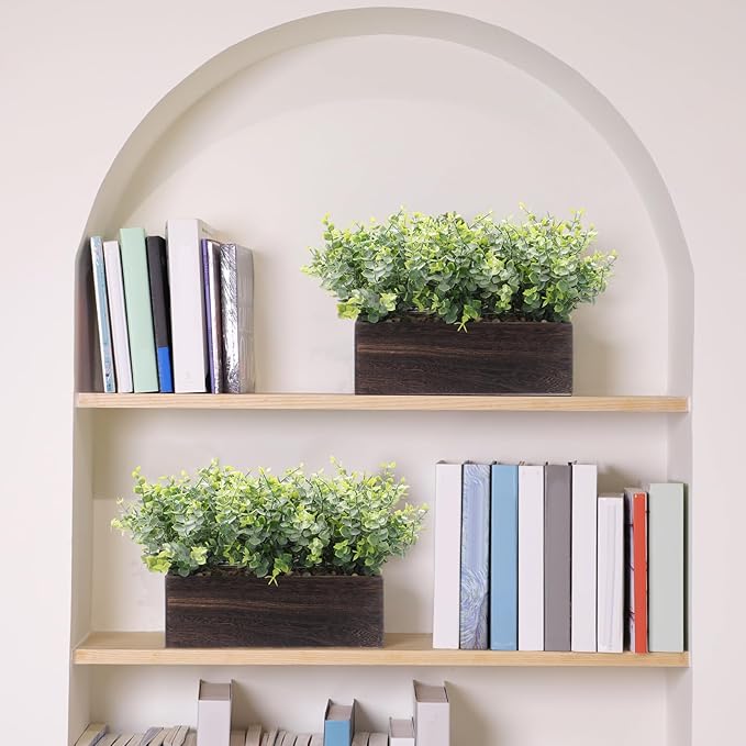 Lyrow 2 Pack Artificial Eucalyptus Plant in Rustic Rectangular Wooden Planter Box Greenery Faux Potted Herb Plant for Indoor Wedding Table Centerpiece(Green,11.4 x 3.7 x 7.8 Inches,Retro Style)