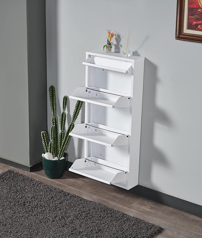 Flip Drawer Shoe Cabinet, Storage Organizer, Freestanding Shoe Rack, Wall Mounted No-Assembly (White, 2 Drawer)