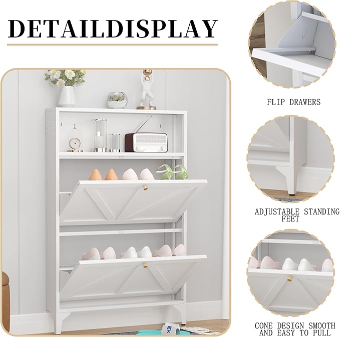 Shoe Storage Cabinet for Entryway with 2 Flip Drawers, Freestanding Shoe Organizer with Legs,Farmhouse Narrow Shoe Storage Cabinet for Entryway, Foyer,Living Room (2-Drawers, White)