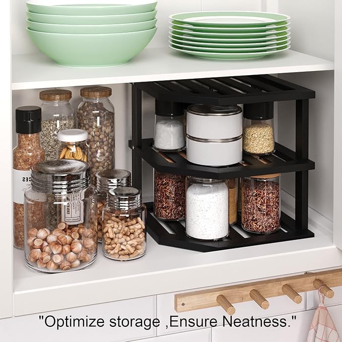 VERTORGAN 3 Tier Bamboo Corner Shelf,Dish Drying Rack,Plate Organizer,Kitchen Spice Rack for Countertop and Cabinet(Black)