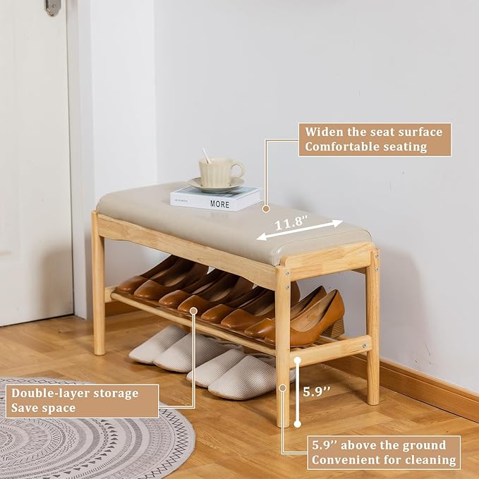 Shoe Bench, Entryway Bench, Wood 2-Tier Shoe Rack with Cushion Padded Seat Shoe Organizer (31.5",Beige+Nature)