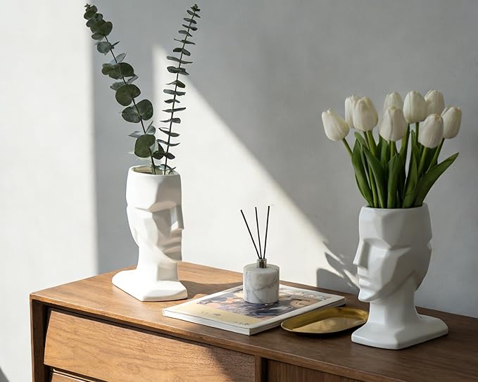 White Decorative Bookends, 7 inch Ceramic Multi Face Decorative Flower Vase(Set of 2) Modern White Accent Decorative Bookends Gifts for Shelves